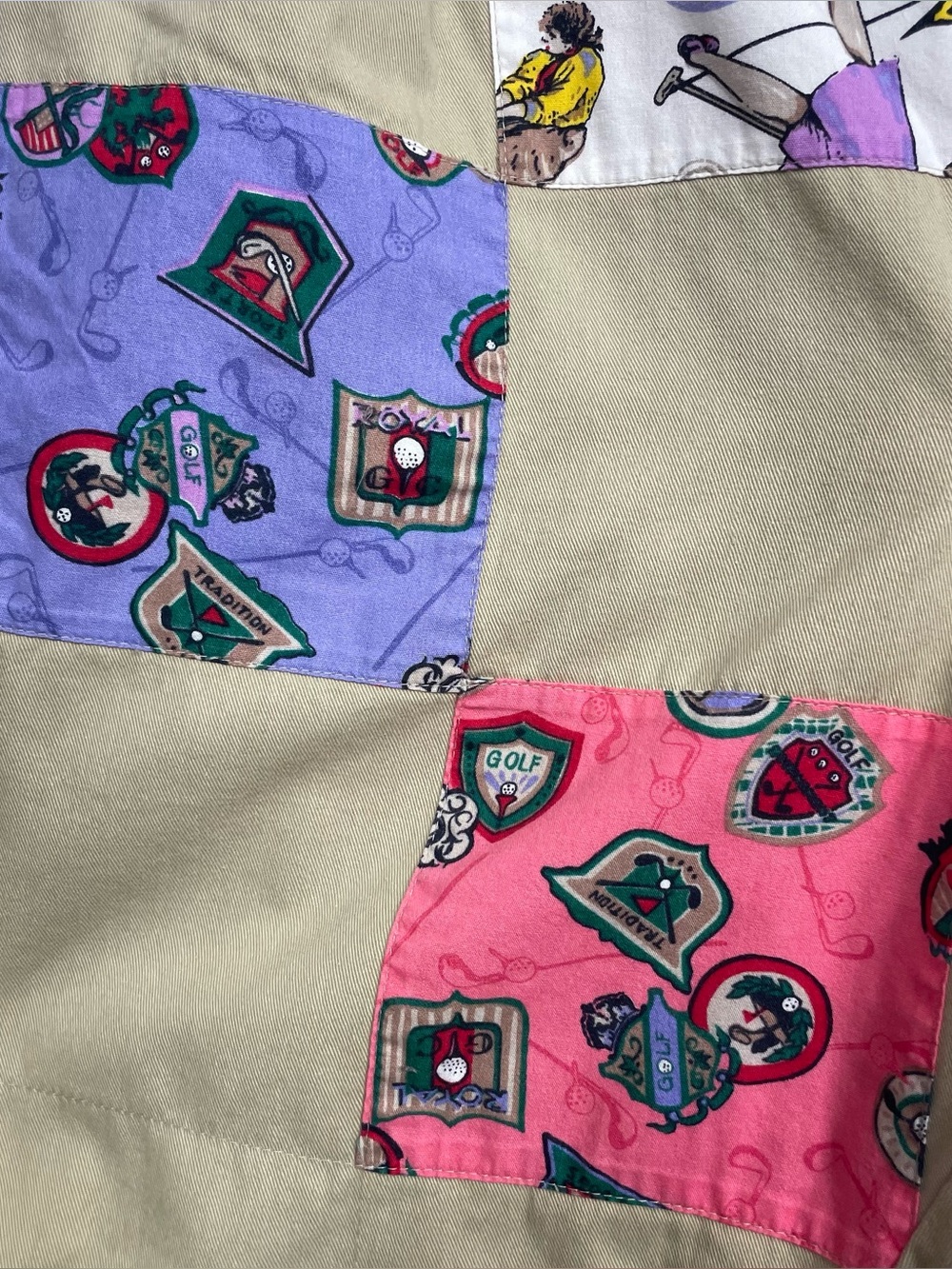 PatchIt Golf Print Patchwork Khaki Cotton Shorts Size Large Funky Retro - Picture 12 of 14